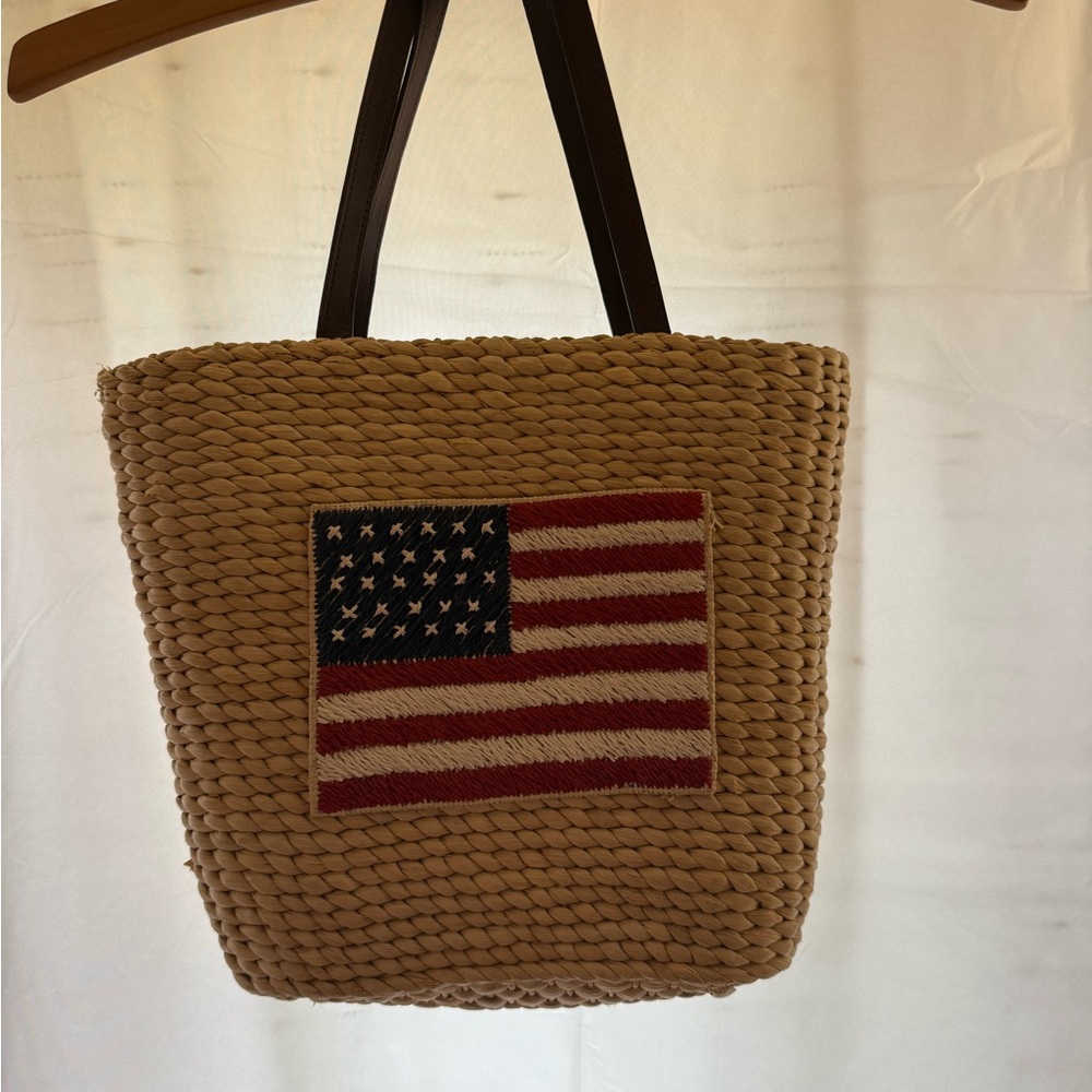 Woven Tan Tote Bag with American Flag Design